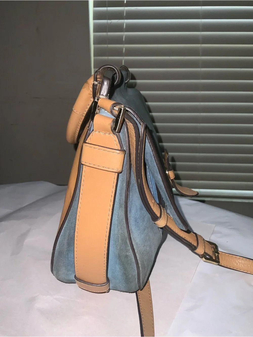 Michael Kors Blue Suede Crossbody Satchel with Tan Leather Trim